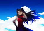  1girl adjusting_hair alternate_costume aqua_eyes bangs black_hair black_ribbon closed_mouth clouds cloudy_sky commentary dress fate/stay_night fate_(series) female floating_hair hair_ribbon hand_on_hip hand_up highres long_dress long_hair parted_bangs red_clothes red_dress ribbon sky solo standing tohsaka_rin transparent_sleeves two_side_up type-moon v-neck wind yaoshi_jun 