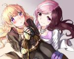  2girls ahoge belt black_gloves blonde_hair blush breasts brown_hair carrying cleavage commentary fingerless_gloves gloves heart heart-shaped_pupils jewelry long_hair multicolored_hair multiple_girls necklace neo_(rwby) open_mouth pink_eyes pink_hair princess_carry rwby smile symbol-shaped_pupils tl two-tone_hair violet_eyes yang_xiao_long yuri 