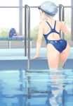  1girl arm_support ass back back_cutout blue_swimsuit blush competition_swimsuit eichisu from_behind goggles goggles_on_head indoors nape one-piece_swimsuit original pool pool_ladder profile solo swim_cap swimsuit wading water 