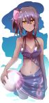  1girl :&lt; absurdres arm_at_side ball bangs bare_arms bare_shoulders beachball blue_sky bow breasts brown_hair cleavage closed_mouth clouds collarbone commentary_request dark_skin day eyebrows_visible_through_hair hair_between_eyes hair_bow halter_top halterneck head_tilt highres long_hair looking_at_viewer medium_breasts navel one_side_up orange_eyes original pink_bow purple_bikini_top purple_sarong sarong sky solo transparent wada_kazu wading water 