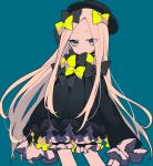  1girl abigail_williams_(fate/grand_order) black_bow black_dress black_hat blonde_hair blue_background blue_eyes bow bubble_skirt covered_mouth cowboy_shot dress eyes_visible_through_hair fate/grand_order fate_(series) hair_bow hat highres long_hair long_sleeves looking_at_viewer mochizuki_kei simple_background skirt sleeves_past_wrists solo standing very_long_hair yellow_bow 