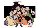  1girl 3boys ^_^ black_background black_eyes black_hair boots brothers chi-chi_(dragon_ball) clenched_hands closed_eyes closed_eyes couple dougi dragon_ball dragonball_z earrings family father_and_son fingernails full_body gloves halo happy hetero hug jewelry kneeling mother_and_son multiple_boys open_mouth short_hair siblings simple_background smile son_gohan son_gokuu son_goten spiky_hair standing sweatdrop teeth thumbs_up tied_hair two-tone_background white_background wristband 