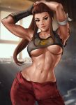  1girl abs absurdres arm_tattoo armpits arms_up biceps breasts brigitte_(overwatch) brown_eyes brown_hair cleavage crop_top dandon_fuga dirty gloves highres kettlebell large_breasts looking_at_viewer muscle muscular_female navel overwatch pinup ponytail scan single_glove smile solo stomach sweat tattoo toned tying_hair underboob 