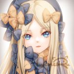  1girl abigail_williams_(fate/grand_order) black_bow blonde_hair blue_eyes bow close-up expressionless face fate/grand_order fate_(series) grey_background hair_bow haneru long_hair looking_at_viewer orange_bow parted_lips signature solo 