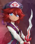  1girl beret blue_eyes commentary_request flamberge_(kirby) hat heart highres kirby:_star_allies kirby_(series) littlecloudie looking_at_viewer personification redhead short_hair sword weapon 