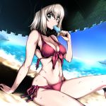  1girl beach beach_umbrella bikini blue_eyes breasts cleavage commentary_request dutch_angle food girls_und_panzer itsumi_erika large_breasts long_hair nakahira_guy navel popsicle seaside silver_hair solo sweat swimsuit umbrella 