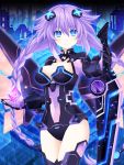  1girl blue_eyes braid breasts cleavage cleavage_cutout commentary_request covered_navel cowboy_shot crystal glowing_crystal hair_between_eyes hair_ornament highres hips holding holding_object holding_sword holding_weapon kagura_ittou leotard looking_at_viewer medium_breasts neptune_(series) open_mouth power_symbol purple_hair purple_heart skin_tight solo sword symbol-shaped_pupils thigh-highs thigh_gap twin_braids twintails weapon wings 