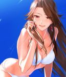  1girl :d akiyoshi_haru bare_shoulders bent_over bikini blue_sky blush breasts brown_eyes brown_hair catalina_(granblue_fantasy) cleavage commentary_request eyebrows_visible_through_hair eyes_visible_through_hair female granblue_fantasy holding holding_hair katalina_aryze large_breasts leaning_forward long_hair looking_at_viewer nail_polish open_mouth outdoors sky smile swimsuit white_bikini 