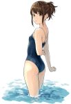  1girl ass brown_hair from_behind gintama highres kobaji long_hair looking_at_viewer ponytail school_swimsuit shimura_tae solo swimsuit wading water wet wet_clothes 