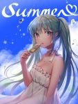  1girl bangs bare_arms bare_shoulders blue_sky breasts clouds cloudy_sky collarbone commentary day dress english english_commentary eyebrows_visible_through_hair fingernails food green_eyes green_hair hair_between_eyes hand_up hatsune_miku highres holding holding_food long_hair looking_at_viewer looking_to_the_side outdoors ozzingo parted_lips popsicle sky small_breasts solo strapless strapless_dress twintails upper_teeth very_long_hair vocaloid water_drop wet white_dress 
