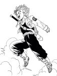  1boy :d boots capsule_corp clouds cloudy_sky commentary dragon_ball dragonball_z floating_hair full_body happy highres jacket jumping lee_(dragon_garou) looking_away male_focus monochrome open_mouth pants parody short_hair simple_background sky smile sword toki_wo_kakeru_shoujo trunks_(dragon_ball) weapon white_background 