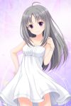  1girl absurdres ahoge alternative_girls bangs bare_shoulders blush bracelet breasts buttons cowboy_shot dress grey_hair highres jewelry kira_sayuri lavender_background long_hair looking_at_viewer medium_breasts official_art parted_bangs simple_background smile standing violet_eyes white_dress 