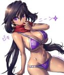  1girl amania_orz ayame_(gundam_build_divers) bare_shoulders bikini black_hair blush breasts cleavage cowboy_shot dated eyebrows_visible_through_hair frown gundam gundam_build_divers hair_between_eyes large_breasts long_hair looking_at_viewer low_twintails navel purple_bikini red_scarf scarf shiny shiny_hair shiny_skin shuriken simple_background skindentation solo sweatdrop swimsuit twintails twitter_username under_boob very_long_hair violet_eyes white_background 
