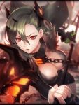  1girl alternate_costume artist_request breasts chains cleavage collar fingerless_gloves fur_collar gae_bolg_(phantom_of_the_kill) gloves green_hair hair_ornament holding holding_spear holding_weapon horns large_breasts long_hair official_art phantom_of_the_kill polearm red_eyes shoulder_armor spear weapon 