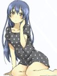  1girl arm_support bangs black_dress blue_hair dress hair_between_eyes joint06 long_hair looking_at_viewer love_live! love_live!_school_idol_project polka_dot sitting solo sonoda_umi yellow_eyes 