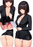  1girl animal_ears black_hair black_skirt blush breasts brown_eyes cleavage formal highres ishimiso_(ishimura) large_breasts long_sleeves looking_at_viewer microskirt miniskirt office_lady panties pantyshot pencil_skirt short_hair skirt skirt_suit smile solo suit underwear uniform 