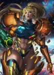  1girl abs arm_cannon blonde_hair blue_eyes blue_legwear commentary english_commentary expressionless highleg highleg_panties highres looking_to_the_side metroid mole mole_under_mouth muscle muscular_female navel panties parted_lips samus_aran sleeveless soffa solo space star_(sky) stomach thigh-highs thigh_gap toned transforming_clothes underwear varia_suit weapon 
