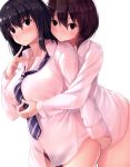  2girls bangs black_hair black_panties blue_eyes blue_neckwear blush breasts brown_hair closed_mouth collared_shirt commentary_request diagonal-striped_neckwear diagonal_stripes eyebrows_visible_through_hair fingernails hair_between_eyes highres hug hug_from_behind large_breasts long_hair long_sleeves multiple_girls necktie nicoby no_pants nose_blush original panties red_eyes shirt simple_background striped striped_neckwear underwear white_background white_shirt yuri 