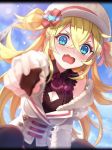  1girl ancient_killers_(phantom_of_the_kill) artist_request ascot blonde_hair blue_eyes blush breasts chocolate cleavage cleavage_cutout gisla_(phantom_of_the_kill) hat large_breasts long_hair official_art open_mouth phantom_of_the_kill white_coat white_hat 