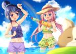  2girls :d blue_eyes blue_hair blurry chikuwa_(yurucamp) clenched_hand clouds collarbone day depth_of_field dog eyebrows_visible_through_hair frilled_swimsuit frills green_swimsuit groin hair_bun hair_ornament hair_scrunchie halterneck hat holding kagamihara_nadeshiko long_hair looking_at_another low_twintails mori_airi multiple_girls navel open_mouth outdoors pink_hair purple_swimsuit rainbow scrunchie shima_rin sky smile sparkle standing straw_hat swimsuit twintails twitter_username very_long_hair violet_eyes water water_drop water_gun wrist_scrunchie yurucamp 