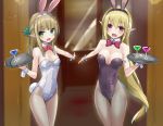  2girls animal_ears black_leotard blonde_hair breasts bunny_girl bunnysuit cowboy_shot cup drinking_glass elf fishnet_pantyhose fishnets gluteal_fold green_eyes leotard medium_breasts multiple_girls open_mouth original outstretched_arms pantyhose pointy_ears rabbit_ears red_eyes red_neckwear small_breasts smile standing strapless strapless_leotard tenrai thigh_gap tray upper_body white_leotard wine_glass 
