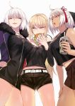  3girls ahoge artoria_pendragon_(all) bangs belt black_bow black_coat black_dress black_shorts black_skirt black_tank_top blonde_hair blush bow braid breast_envy breasts coat collarbone cup dark_skin dress eating eyebrows_visible_through_hair fate/grand_order fate_(series) food french_braid fur-trimmed_coat fur_trim grey_eyes hair_between_eyes hair_bow hamburger hands_on_hips highres hips jeanne_d&#039;arc_(alter)_(fate) jeanne_d&#039;arc_(fate)_(all) jewelry large_breasts long_hair long_sleeves medium_breasts midriff multiple_girls necklace ohland okita_souji_(alter)_(fate) okita_souji_(fate)_(all) open_clothes open_coat open_mouth pleated_skirt ponytail saber_alter short_dress short_hair shorts silver_hair simple_background skirt smile tassel thighs tied_hair waist white_background white_hair wicked_dragon_witch_ver._shinjuku_1999 yellow_eyes 