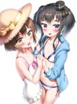  2girls absurdres bikini bikini_under_clothes black_hair blue_hoodie blush bow brown_hair collarbone eyebrows_visible_through_hair flat_chest hair_between_eyes hand_holding hat highres kantai_collection looking_at_viewer multiple_girls navel nedia_(nedia_region) one-piece_swimsuit open_mouth pink_bow short_hair side-tie_bikini sidelocks simple_background smile sun_hat swimsuit swimsuit_under_clothes tokitsukaze_(kantai_collection) violet_eyes white_background white_bikini white_swimsuit yukikaze_(kantai_collection) 