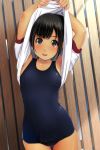  1girl :d arms_up bangs black_eyes black_hair black_swimsuit blush breasts commentary_request eyebrows_visible_through_hair fingernails gym_shirt highres leaning_to_the_side looking_at_viewer matsunaga_kouyou nose_blush old_school_swimsuit one-piece_swimsuit open_mouth original puffy_short_sleeves puffy_sleeves school_swimsuit shirt short_hair short_sleeves small_breasts smile solo swimsuit swimsuit_under_clothes undressing upper_teeth white_shirt 