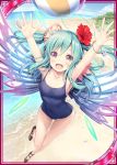  1girl :d akkijin armpits ball beach beachball blue_hair breasts card_(medium) fairy fairy_wings flower hair_flower hair_ornament hands_up medium_breasts ocean official_art one-piece_swimsuit open_mouth pixie_servant_(shinkai_no_valkyrie) red_eyes shell shinkai_no_valkyrie smile swimsuit wings 