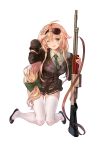  1girl :d absurdres ahoge aviator_sunglasses bangs black_footwear blonde_hair blush bow breasts eyebrows_visible_through_hair eyewear_on_head girls_frontline green_bow green_eyes green_neckwear gun hair_bow hand_up highres holding holding_gun holding_weapon kneeling large_breasts leon_v loafers long_hair looking_at_viewer low-tied_long_hair m1918_bar m1918_bar_(girls_frontline) machine_gun necktie off_shoulder one_eye_closed open_mouth shoes sidelocks skirt smile solo sunglasses thigh-highs very_long_hair weapon white_legwear 