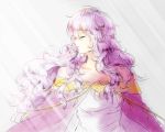  1girl cape circlet closed_eyes diadora_(fire_emblem) dress fire_emblem fire_emblem:_seisen_no_keifu highres jewelry lavender_hair lithety long_hair purple_hair simple_background smile solo 