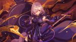  1girl blush bodysuit breasts fate/grand_order fate_(series) hair_over_one_eye hong_da mash_kyrielight purple_hair serious shield solo sword thigh-highs violet_eyes weapon 
