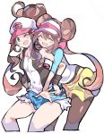  absurdres bare_legs baseball_cap black_legwear black_vest blue_eyes brown_hair curly_hair denim denim_shorts double_bun enpe hat high_ponytail highres legwear_under_shorts long_hair mei_(pokemon) pantyhose pokemon pokemon_(game) pokemon_bw pokemon_bw2 raglan_sleeves shirt short_shorts shorts sidelocks sleeveless sleeveless_shirt tank_top touko_(pokemon) twintails very_long_hair vest visor_cap white_shirt yellow_shorts 