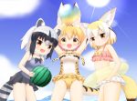  3girls :d adapted_costume animal_ears ball bare_arms bare_shoulders beachball black_hair blonde_hair blush breasts brown_eyes casual_one-piece_swimsuit commentary_request common_raccoon_(kemono_friends) covered_navel fang fennec_(kemono_friends) fox_ears fox_girl fox_tail highres holding holding_ball innertube kemono_friends looking_at_viewer medium_breasts multicolored_hair multiple_girls navel one-piece_swimsuit open_mouth pink_bikini_top purple_swimsuit raccoon_ears raccoon_girl raccoon_tail serval_(kemono_friends) serval_ears serval_print serval_tail shin01571 silver_hair small_breasts smile standing swimsuit tail transparent two-tone_hair white_bikini_bottom white_hair white_swimsuit yellow_innertube 