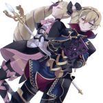  1boy 1girl aone_hiiro armor black_armor blonde_hair book bow brother_and_sister closed_eyes closed_mouth dress earrings elise_(fire_emblem_if) fire_emblem fire_emblem_if gauntlets hairband holding holding_book jewelry leon_(fire_emblem_if) long_hair multicolored_hair pink_bow purple_hair red_eyes short_hair siblings simple_background staff thigh-highs twintails white_background zettai_ryouiki 