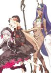  3girls :d ^_^ ^o^ abigail_williams_(fate/grand_order) black_gloves blonde_hair braid breasts closed_eyes closed_eyes dark_skin doll_joints dress egyptian_clothes facial_mark fate/grand_order fate_(series) forehead_mark gloves hat lolita_fashion long_hair medjed multiple_girls navel nitocris_(fate/grand_order) nursery_rhyme_(fate/extra) open_mouth pako purple_hair silver_hair simple_background smile teeth twin_braids violet_eyes white_background 
