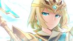  1girl blonde_hair blue_eyes closed_mouth crown earrings fire_emblem fire_emblem_heroes fjorm_(fire_emblem_heroes) highres jewelry nakabayashi_zun polearm short_hair simple_background solo weapon white_background 