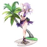  1girl arms_behind_head bikini breasts dolls_order flower frilled_bikini frills grass hair_up huge_breasts looking_at_viewer mole mole_under_mouth morgan_(dolls_order) official_art palm_tree purple_flower purple_hair purple_rose rose sand sandals sarong smile solo summer swimsuit tree violet_eyes 