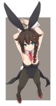 1girl adapted_costume animal_ears arms_behind_head arms_up bare_shoulders black_legwear black_leotard blue_eyes braid breasts brown_hair bunny_girl bunny_tail bunnysuit cleavage collarbone detached_collar eyebrows_visible_through_hair fake_animal_ears from_above grey_background hair_flaps hair_over_shoulder kantai_collection kugui_kiyunemu leotard looking_at_viewer medium_breasts neckerchief pantyhose rabbit_ears red_footwear red_neckwear remodel_(kantai_collection) shigure_(kantai_collection) showgirl_skirt single_braid smile solo tail wrist_cuffs 