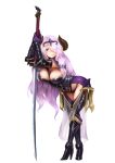  1girl armor barbariank bent_over black_armor blue_eyes blush boots braid breasts camilla_(fire_emblem_if) camilla_(fire_emblem_if)_(cosplay) cleavage commentary cosplay draph english_commentary fire_emblem fire_emblem_if full_body gloves granblue_fantasy greaves hair_ornament hair_over_one_eye high_heel_boots high_heels highres horns katana large_breasts lavender_hair long_hair looking_at_viewer narmaya_(granblue_fantasy) pointy_ears purple_gloves solo sword tiara transparent_background very_long_hair weapon 