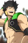  1boy biceps black_hair blurry boku_no_hero_academia cropped_vest depth_of_field highres kuroshinki looking_to_the_side male_focus muscle navel shindou_you simple_background smile solo veins 
