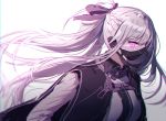  1girl ak-12_(girls_frontline) bangs black_ribbon braid breasts cloak covered_mouth eyebrows_visible_through_hair floating_hair french_braid gas_mask girls_frontline glowing glowing_eyes headset jacket long_hair looking_at_viewer medium_breasts ponytail ribbon shirt sidelocks silence_girl silver_hair simple_background solo torn_clothes very_long_hair violet_eyes white_background 