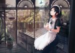  1girl absurdres apron bangs birdcage black_hair book bracelet brown_eyes bug butterfly cage cup drinking_glass hennekobakatesu highres indoors insect jewelry looking_away maid maid_apron maid_headdress original parted_bangs plant potted_plant short_hair sitting solo wine_glass 