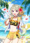  1girl :d ahoge ball bangs beach beach_umbrella beachball bikini black_bikini blue_sky blush brown_hair clouds cloudy_sky collarbone day eyebrows_visible_through_hair flower food_print grey_hair hair_between_eyes hair_flower hair_ornament hand_up horizon lemon_print long_hair looking_at_viewer navel ocean open_mouth original outdoors petals pleated_skirt print_bikini red_flower round_teeth sailor_collar sand school_uniform serafuku shirako_miso shirt short_sleeves skirt sky smile solo swimsuit teeth transparent umbrella upper_teeth v violet_eyes water wet white_shirt yellow_sailor_collar yellow_skirt 