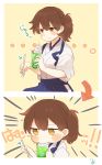  1girl 2koma biting blush brown_hair cherry comic commentary_request directional_arrow drinking_straw drooling eating food fruit highres holding holding_drinking_straw holding_food ice_cream ina_(1813576) japanese_clothes kaga_(kantai_collection) kantai_collection short_sleeves side_ponytail silent_comic solo sundae whipped_cream 