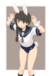  1girl :d animal_ears arms_up black_legwear blue_swimsuit blush braid brown_eyes brown_hair bunny_girl bunny_tail eyebrows_visible_through_hair feet_out_of_frame hair_ribbon kantai_collection kugui_kiyunemu long_hair looking_at_viewer neckerchief old_school_swimsuit open_mouth rabbit_ears red_ribbon ribbon school_swimsuit school_uniform serafuku short_sleeves simple_background single_braid smile socks solo swimsuit tail uranami_(kantai_collection) wrist_cuffs 
