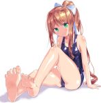  1girl arm_support bangs bare_legs bare_shoulders barefoot blue_swimsuit blush bow breasts brown_hair closed_mouth commentary_request doki_doki_literature_club eyebrows_visible_through_hair feet green_eyes hair_between_eyes hair_bow hand_on_own_knee head_tilt high_ponytail highres long_hair monika_(doki_doki_literature_club) naka one-piece_swimsuit ponytail school_swimsuit small_breasts smile soles solo swimsuit toenails very_long_hair wet white_background white_bow 