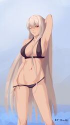  1girl alternate_costume arm_behind_head armpits artist_name ass_visible_through_thighs bangs bikini black_bikini blush breasts cleavage collarbone covered_nipples girls_frontline groin hair_between_eyes hand_in_bikini hat highres kar98k_(girls_frontline) large_breasts long_hair looking_at_viewer navel one_eye_closed parted_lips red_eyes skindentation smile solo stomach swimsuit thighs very_long_hair xu_ni 