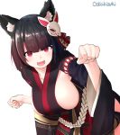  1girl :d animal_ears artist_name azur_lane black_hair black_kimono breasts cat_ears cat_mask check_commentary commentary_request eyebrows_visible_through_hair fang highres japanese_clothes kimono large_breasts looking_at_viewer mask mask_on_head oekakizuki open_mouth red_eyes short_hair sideboob simple_background smile solo white_background wide_sleeves yamashiro_(azur_lane) 