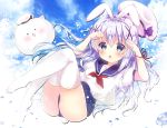  1girl angora_rabbit animal animal_ears arms_up bangs beret blue_eyes blue_hair blue_sailor_collar blue_sky blue_swimsuit blush chestnut_mouth clouds cloudy_sky day eyebrows_visible_through_hair gochuumon_wa_usagi_desu_ka? hair_between_eyes hair_ornament hat hat_removed headwear_removed kafuu_chino long_hair md5_mismatch no_shoes one-piece_swimsuit outdoors parted_lips puffy_short_sleeves puffy_sleeves rabbit rabbit_ears red_ribbon ribbon rikatan sailor_collar school_swimsuit school_uniform serafuku shirt short_sleeves sky swimsuit swimsuit_under_clothes thigh-highs tippy_(gochiusa) very_long_hair water_drop white_hat white_legwear white_shirt x_hair_ornament 